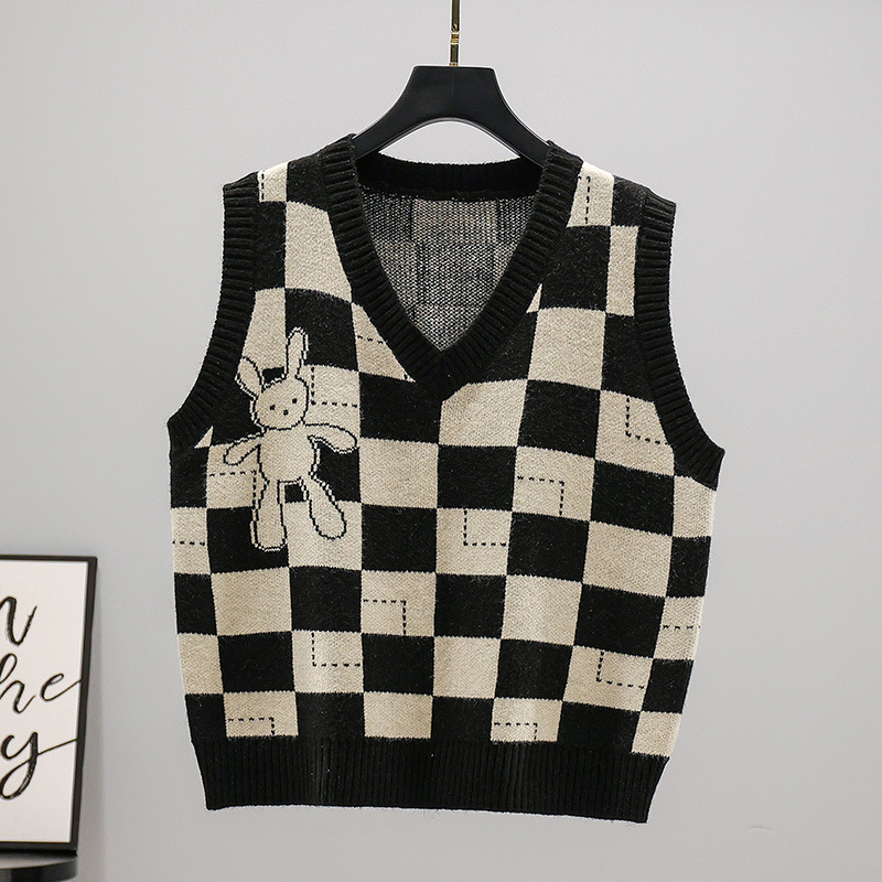 Otoño e invierno Chaleco de punto a cuadros para mujeres 2023 estilo coreano nuevo chaleco con cuello en V image 6