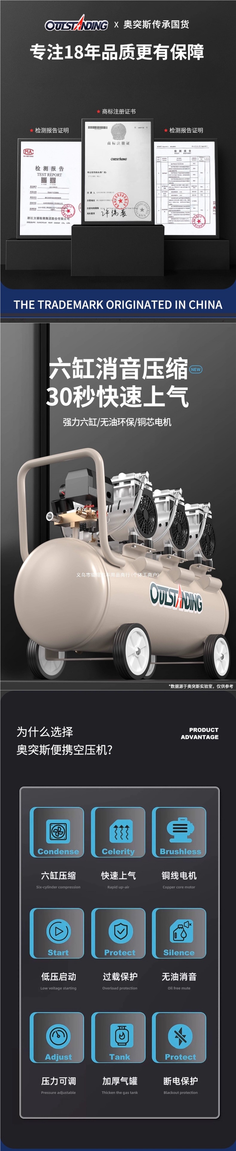 Silent air compressor, industrial-grade, oil-free, small 220v, portable air pump for woodworking