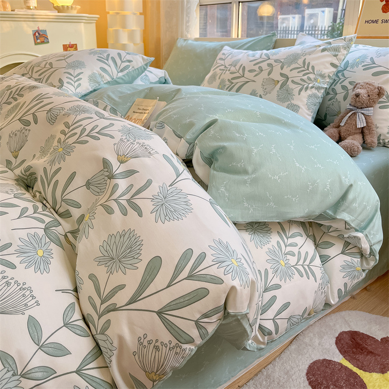 ins cartoon style cotton four-piece set 100 cotton bed sheet quilt cover winter bedding dormitory three-piece fitted sheet