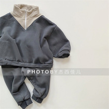 ins韩版童装套装冬季新款 男女儿童拼接半拉链休闲抓绒卫衣两件套