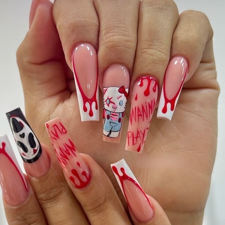 Bloody, faceless man, long ballet-style Halloween horror Hello Kitty long trapezoidal nails, cross-border internet celebrity nail tips Bloody, faceless man, long ballet-style Halloween horror Hello Kitty long trapezoidal nails, cross-border internet celebrity nail tips