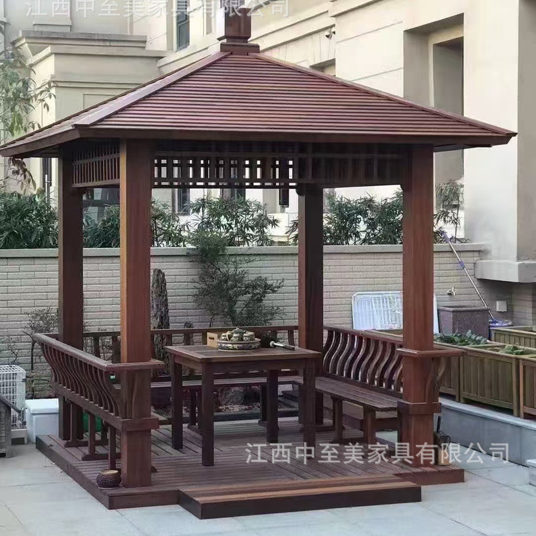 常规凉亭实木古建户外庭院仿古四角六角凉亭家用别墅树脂瓦亭子