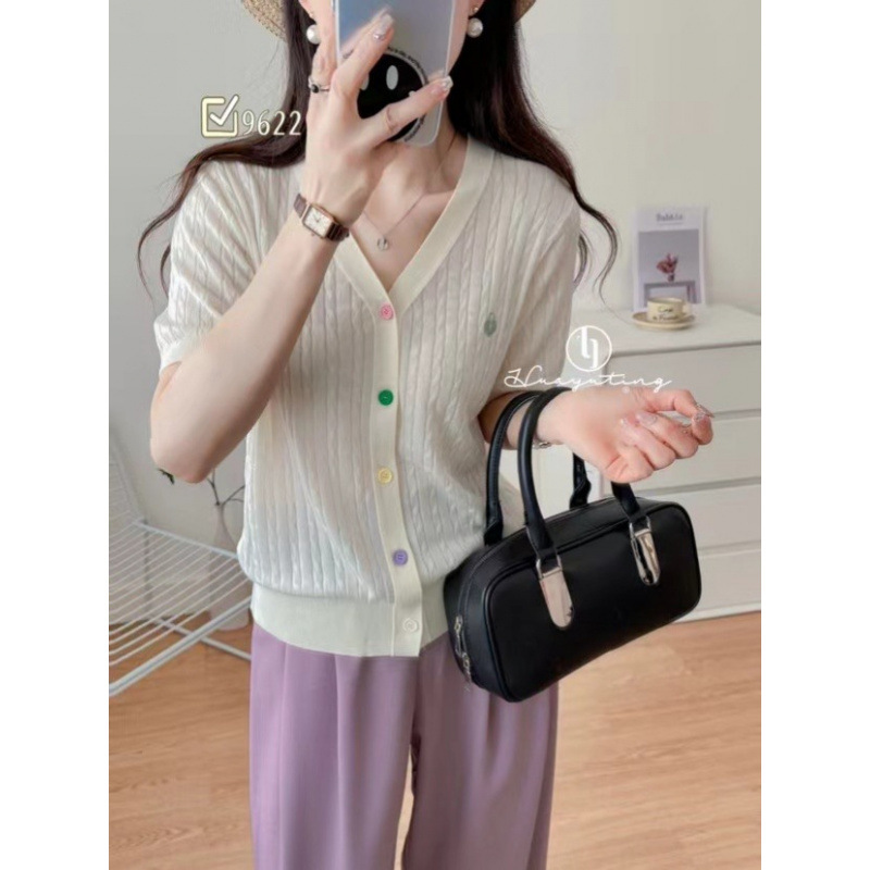 College Style Playful and Cute Cartoon Embroider V-Neck Twist Slim Slim Short-Sleeved Knitted Cardigan Women's Thin Top