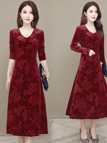 Velvet 3D Printed Dress for Women - Spring and Autumn/Winter Plus Size - Elegant and Slimming - Mother's Dress - Large Swing Over-Knee Length