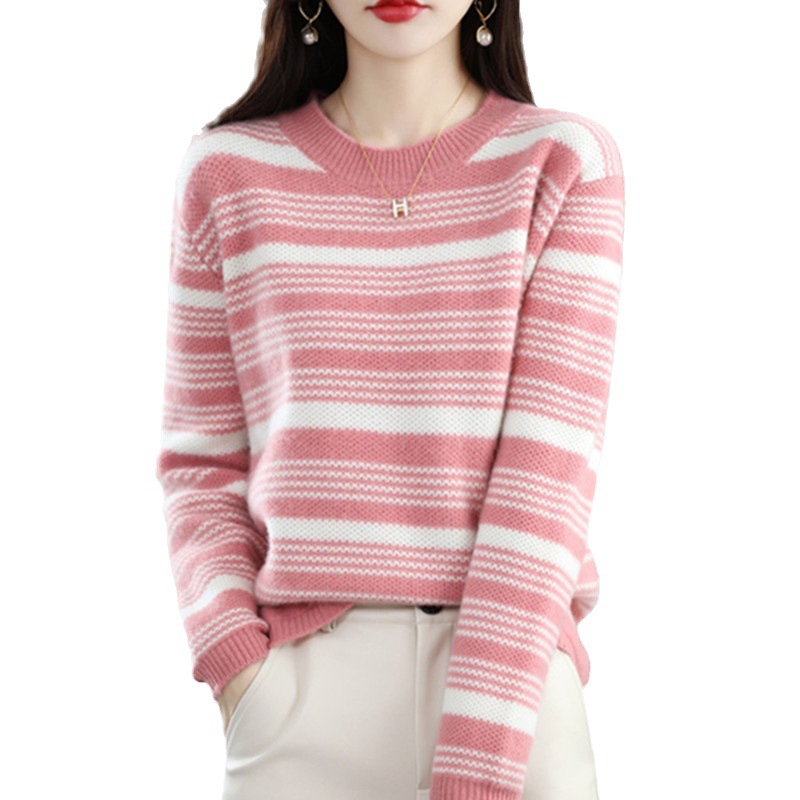 Otoño e invierno nuevo jersey suéter suave de las mujeres del todo-fósforo de las mujeres sueltas cuello redondo contraste color rayas suéter bottoming top