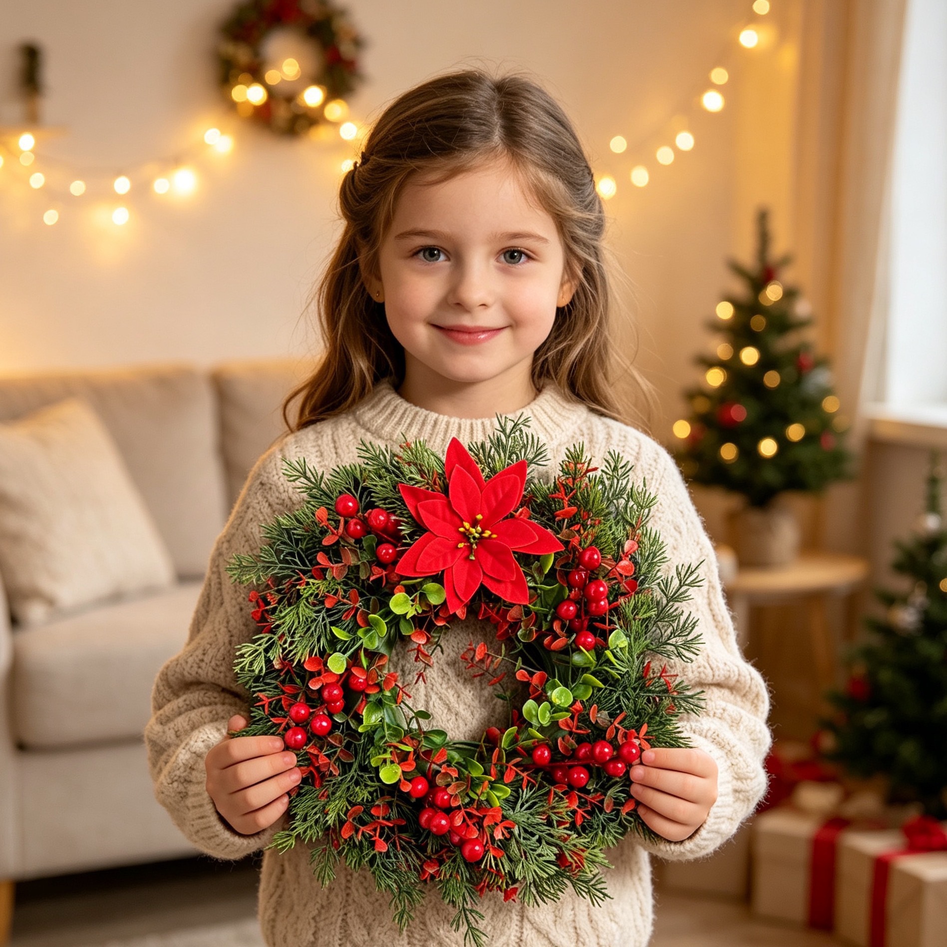 Cross-border foreign trade Christmas decoration with bow, poinsettia wreath, red berries, artificial pine needles, wall hanging backdrop