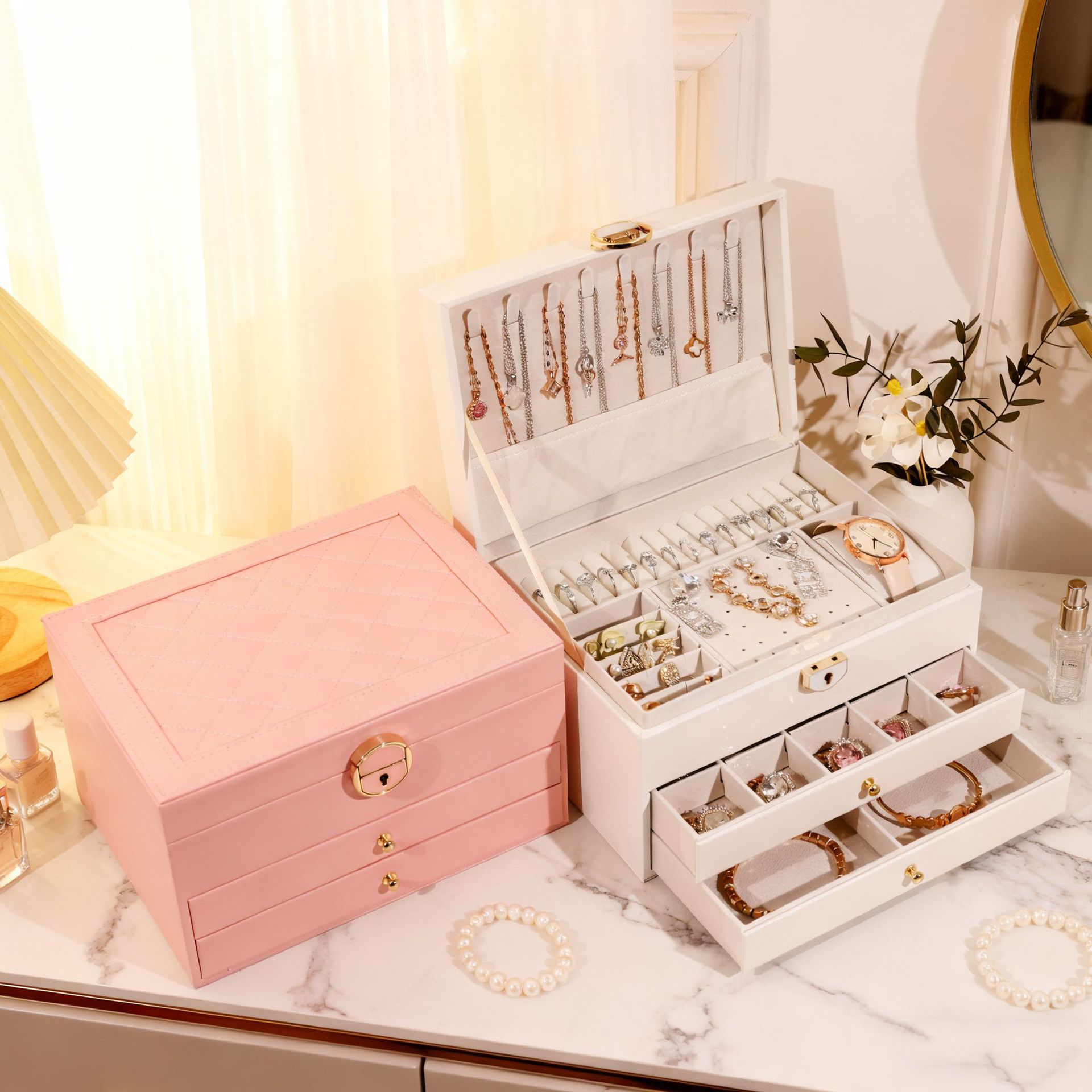 Caja de joyería de diamante de gran capacidad multifuncional, collar, anillo, caja de almacenamiento de joyas, caja de joyería anti-oxidación de tres capas