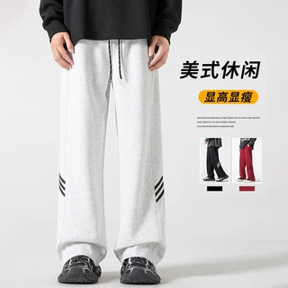美式条纹卫裤男秋季新款休闲裤直筒裤宽松运动裤男潮牌三条杠长裤