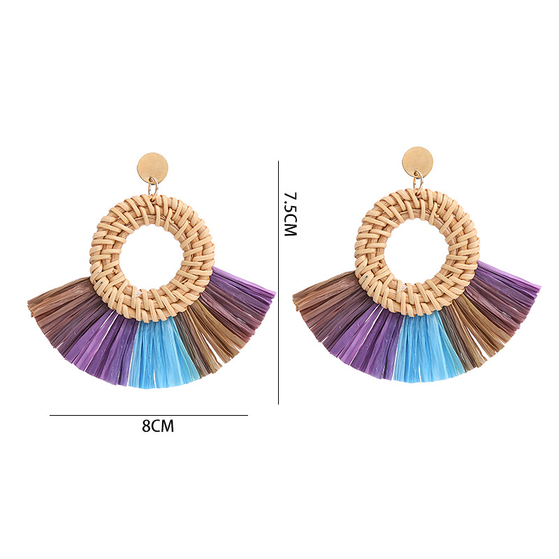 1 Pair Quantity 1 Pair Retro Round Sector Raffia Rattan Drop Earrings