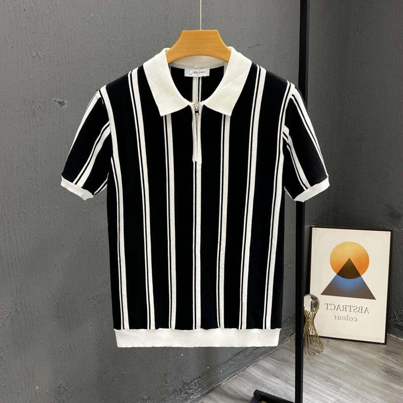 ヨーロッパの高級半袖ストライプコントラストカラーTシャツメンズ夏のファッションスリムニットセーターラペルハンサムトップ1/2枚|undefined