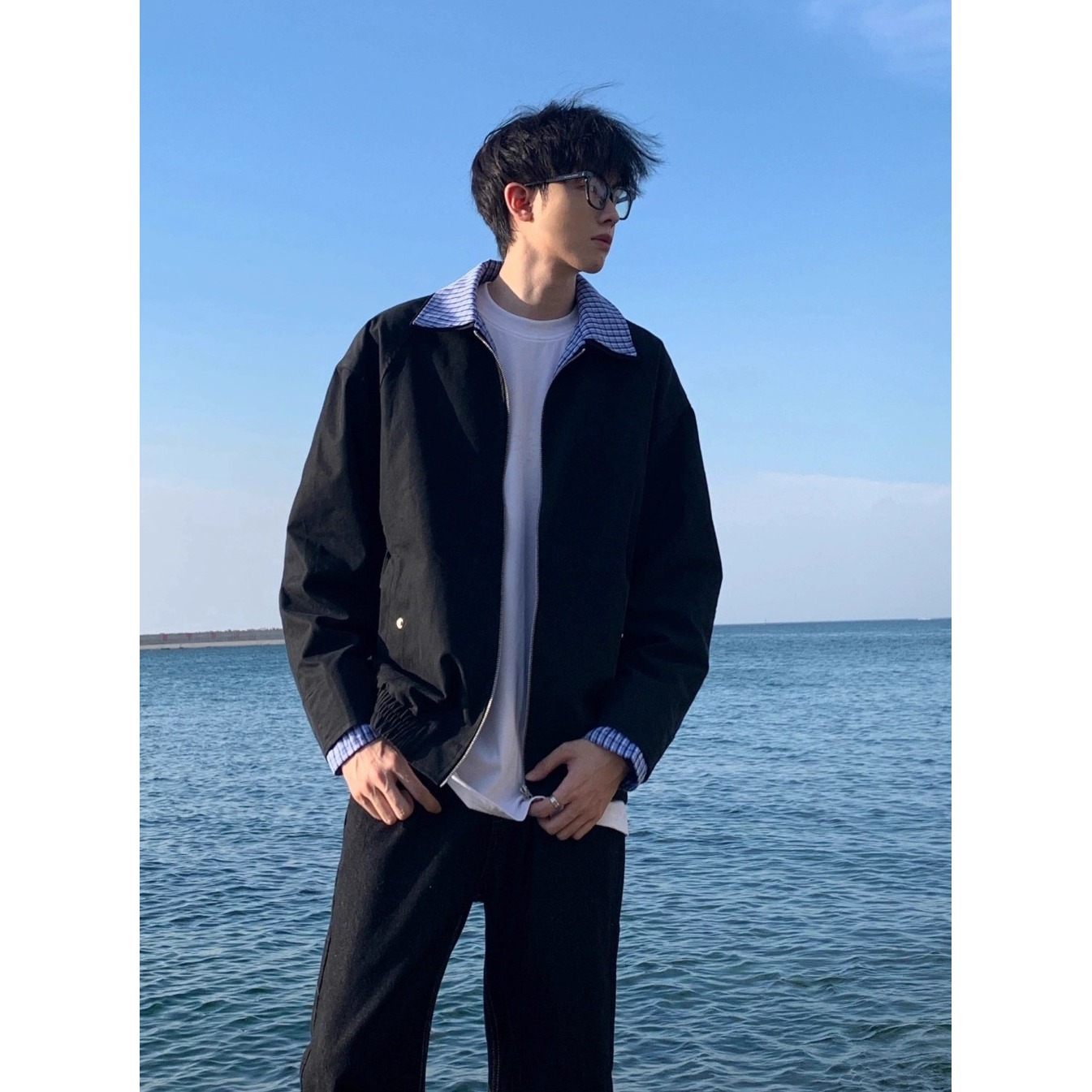 American Retro Color-Block Plaid Patchwork Faux Two-Piece Jacket for Men, Autumn Barn Style Fashion High-End Jacket Top