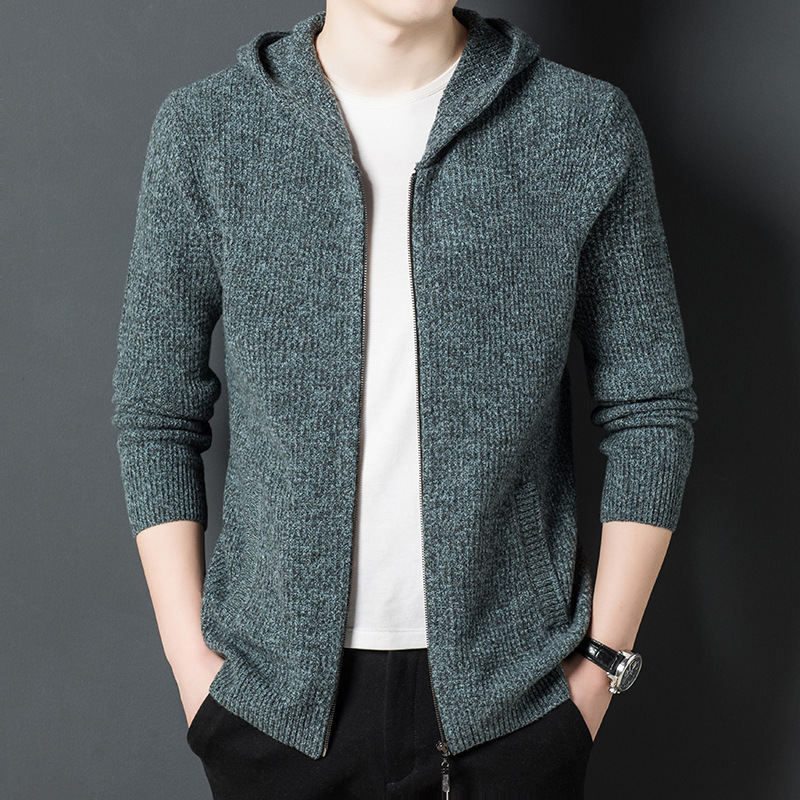 New Spring and Autumn Men's Casual Hooded Floral Yarn Knit Warm Pure Wool Sweater Men's Sheep Wool Coat