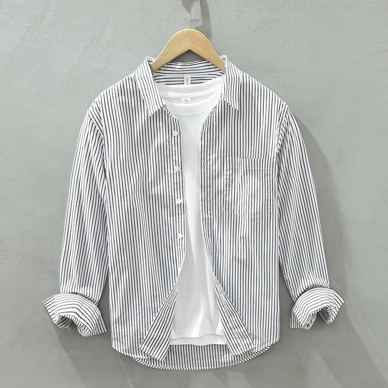 Young Men's Spring and Autum Fashionable Urban Casual Cotton Shirt Jacket American Casual Blue Stripesd Long-Sleeved Shirt