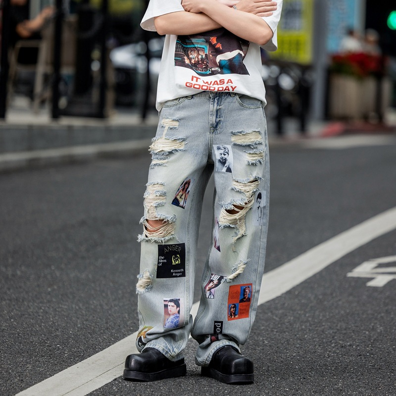Jeans Rectos con Estampado y Desgastado para Hombre, Algodón y Denim, Diseño Rasgado, Corte Recto, para Primavera y Otoño