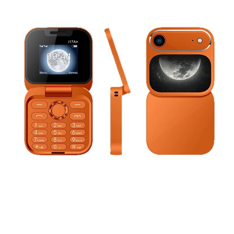Foldable mini flip phone, dual-standby, 1.77" screen, button interface, multi-language (orange/black/gold/white)