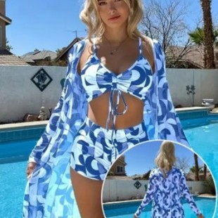 2025 New Foreign Trade Bikini Three-Piece Digital Printed Outer Shorts Amazon Aliexpress Swimsuit for Women