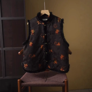 真丝香云纱棉服短袖马甲女填充100桑蚕丝新中式国风水貂毛外套