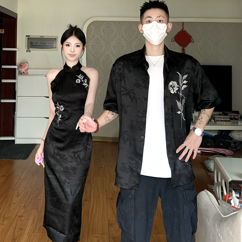 2024 새로운 새로운 중국 스타일 국가 스타일 민소매 중간 길이 자카드 빈티지 자수 청삼 커플 원피스