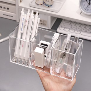 Transparent Pen Holder Acrylic Compartment Storage Box Desktop Cosmetics Storage Stationery Storage Box Three-Compartment Storage Box