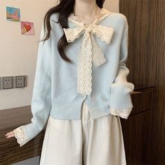 蕾丝蝴蝶结黄色v领毛衣针织衫女春秋穿搭甜美短款长袖开衫上衣潮