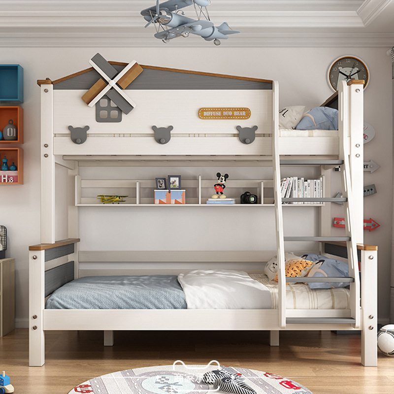 兒童床男孩上下鋪二雙層床高低床小戶型子母床實木風車床親子組合
