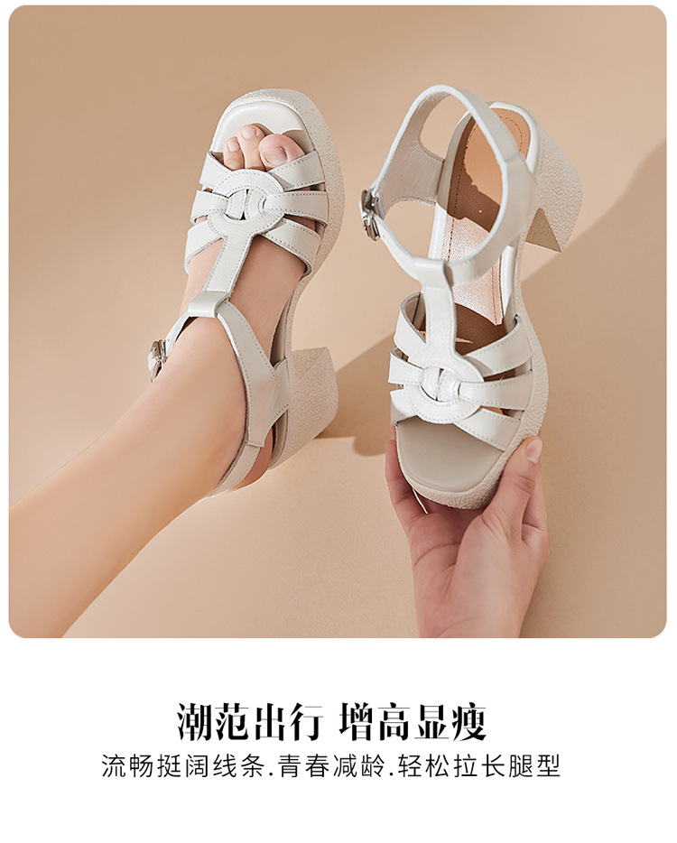 Sandal cao gót nữ quai ngang da thật phong cách La Mã đế dày gót thô — Màu đen chi tiết 15