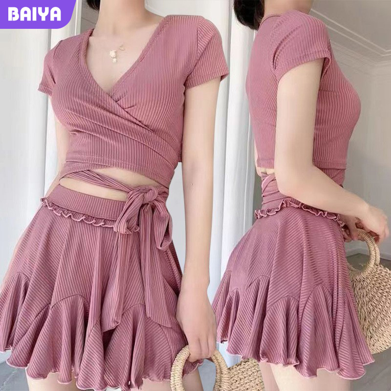 Traje de baño de las mujeres de la División de las mujeres de color sólido de la moda Conservador vientre adelgazar falda francesa nicho avanzado traje de baño de aguas termales