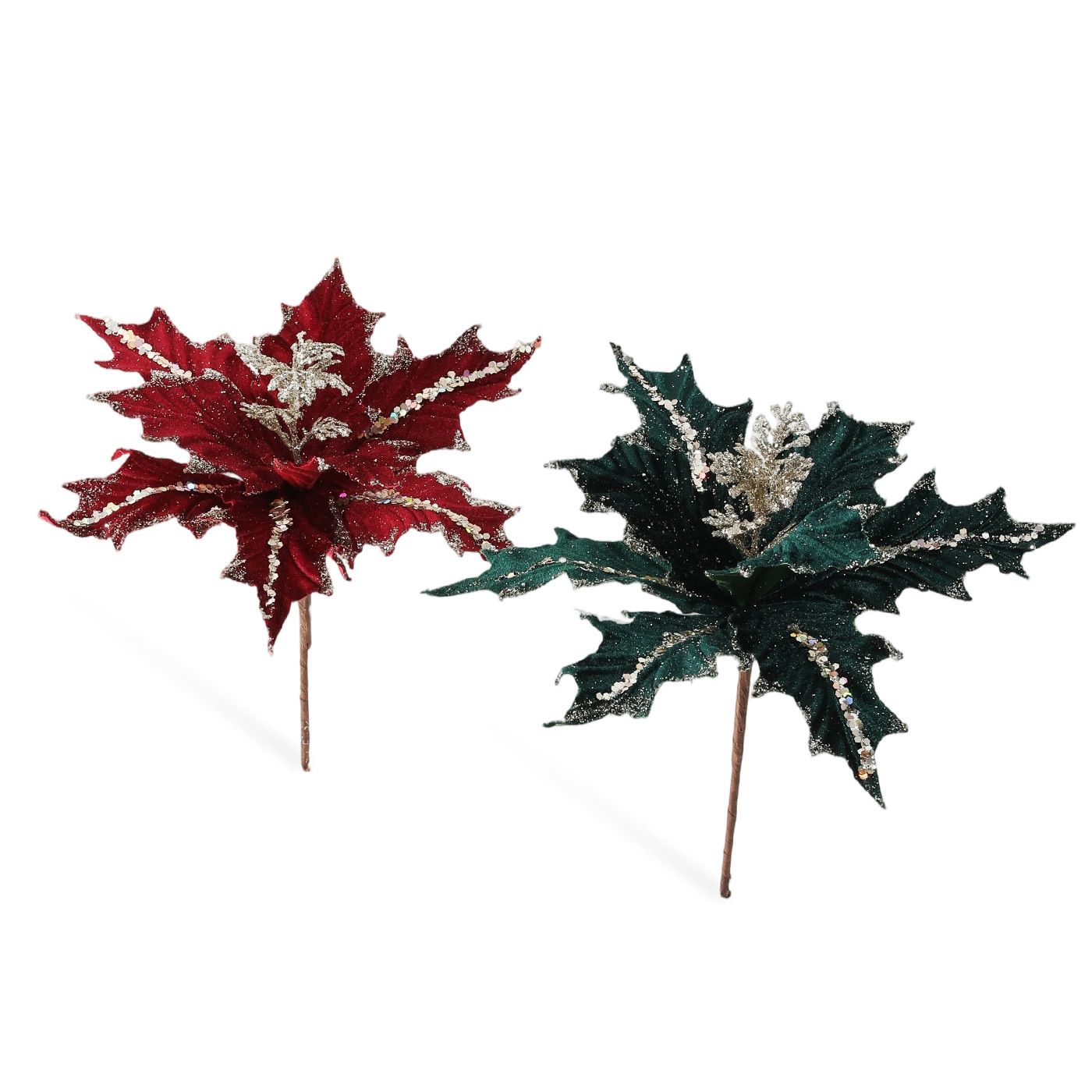 Nuevo producto 15CM floquete de polvo adhesivo de flores de Navidad de alta calidad tela ligera de lujo decoración de Navidad flores simuladas