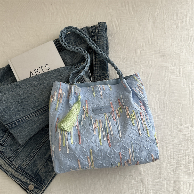 Bolsa de lona bordada a rayas de gran capacidad para mujeres 2024, nueva bolsa de hombro para estudiantes universitarios de clase