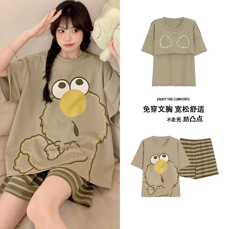 睡衣女夏季短袖套甜美带胸垫韩版卡通学生休闲宽松大码宿舍家居服|undefined