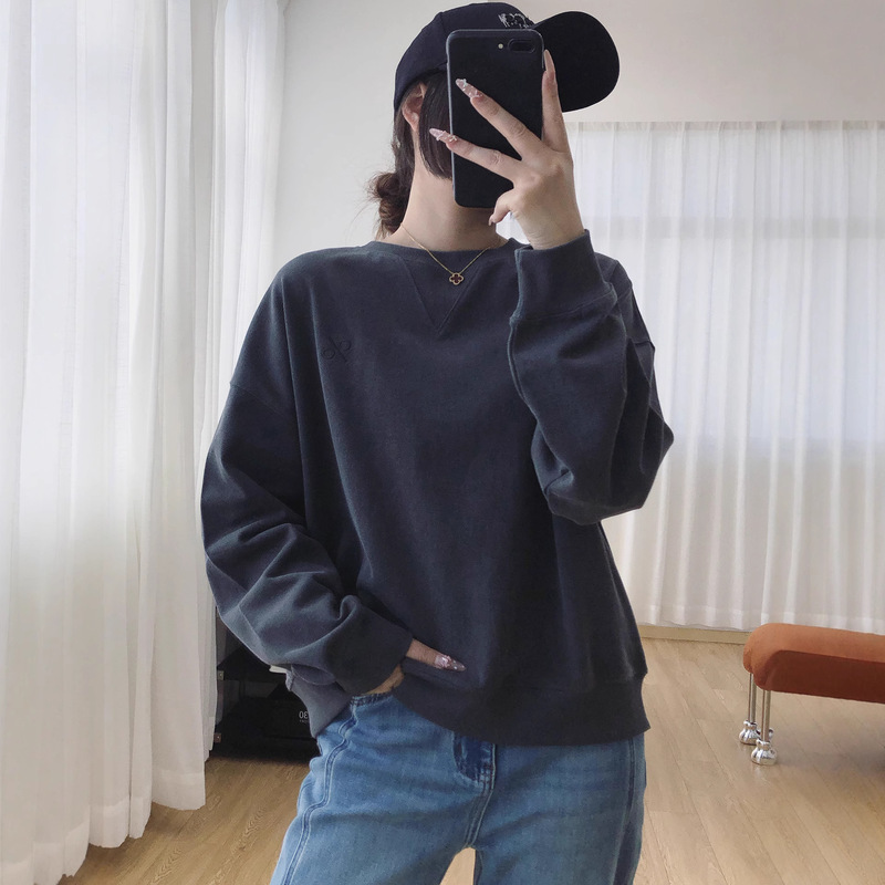 毛圈棉领口倒三角砂洗复古做旧刺绣圆领卫衣女秋季2025新款上衣|undefined
