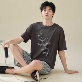 纯棉短袖短裤男士睡衣套头条纹格子全棉可外穿男生短袖休闲家居服