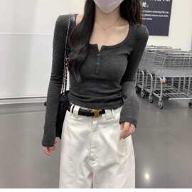 性感甜辣德绒圆领打底长袖T恤女秋冬流行显瘦修身打底衫上衣女T潮