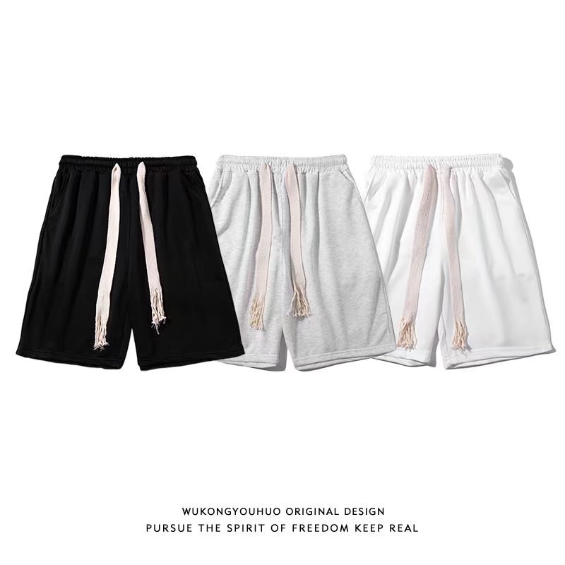 Wukong has simple solid color woven rope sports shorts men and women's fashion brand street loose wide leg five quarterback pants