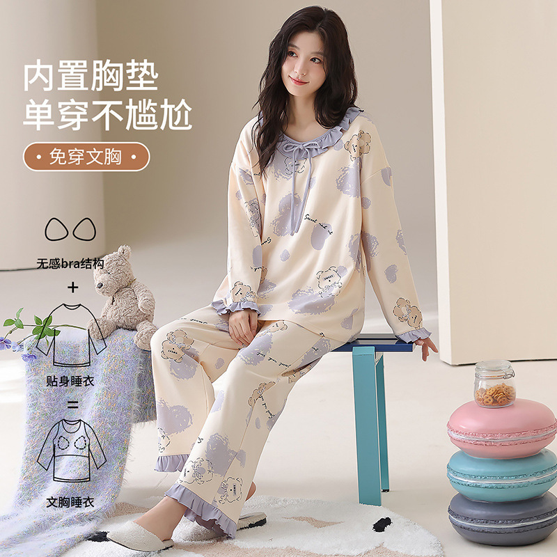 100% Pure Cotton Long-Sleeved Pajamas for Women with Built-In Chest Pads, New Spring and Autumn Style, Round Neck, Women's All-Cotton Loungewear for Outerwear 100% Pure Cotton Long-Sleeved Pajamas for Women with Built-In Chest Pads, New Spring and Autumn Style, Round Neck, Women's All-Cotton Loungewear for Outerwear