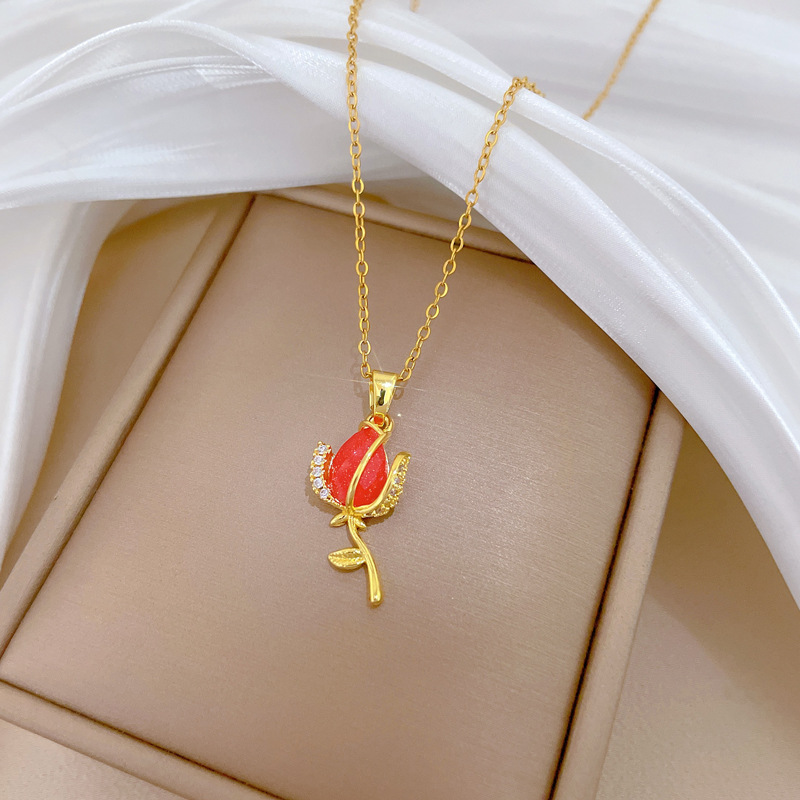 Wunderschöne Rote Rosenhalskette Mit Strass Aus Edelstahl_voghion.com