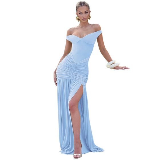 Sanhu Lianjiang D25Ds206 European and American Fashion Summer New One-Shoulder Mesh Splicing Slit Ribbon Dress