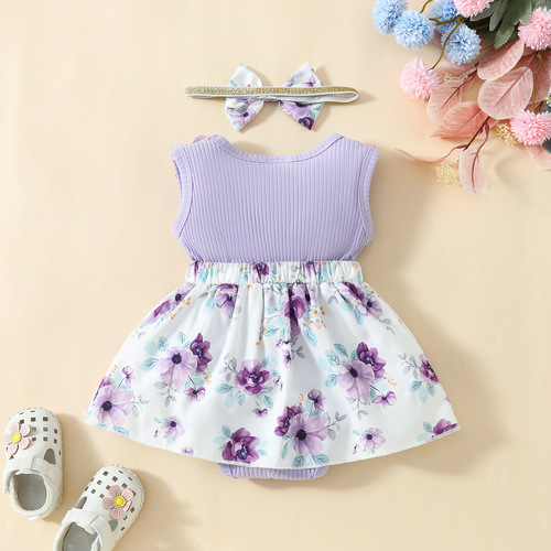 Lace Flower Edge Sleeveless Triangle Hem Bodysuit for 0-1 Year Old Girls with Floral Butterfly Bow and Headband