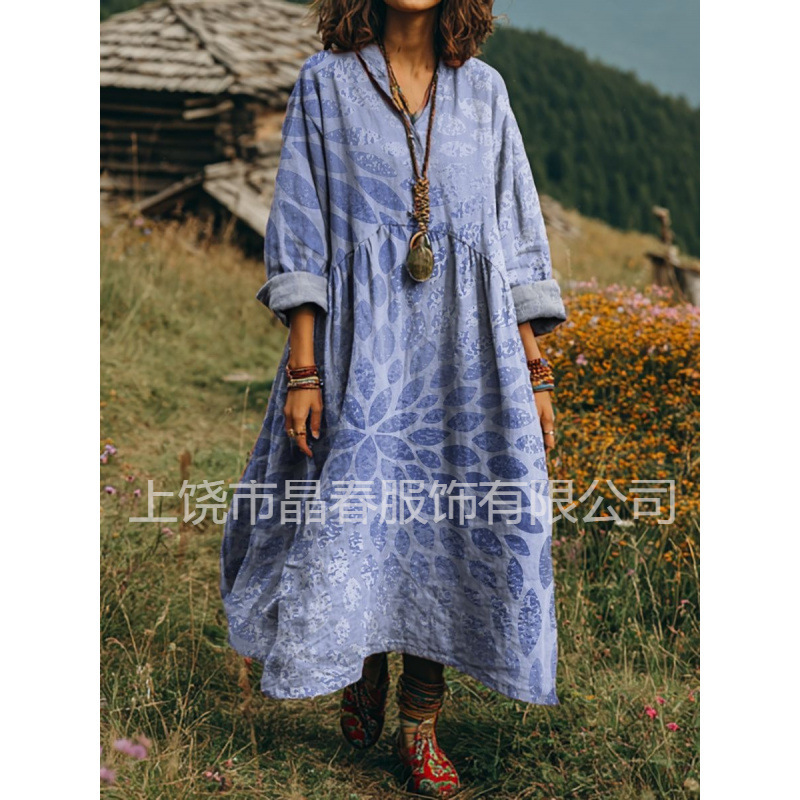 New Vintage Loose Casual European and American Style Printed Collar Bohemian Dress for Independent E-Commerce Platforms