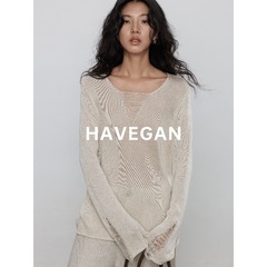 与间HAVEGAN/秋季v领天丝亚麻长袖设计感针织衫女宽松老钱风上衣