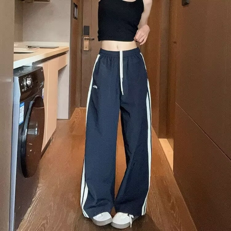 American Retro Side-Striped Casual Pants for Women, Summer Straight-Leg Sweatpants, Loose Slimming Wide-Leg Sports Quick-Dry Pants
