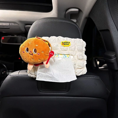 Car-mounted tissue box, cute cartoon hanging seat back tissue box, car armrest tissue box, decorative accessory for women (Car tissue box/set) - no-specifications-happy-hamburger-puff-tissue-box