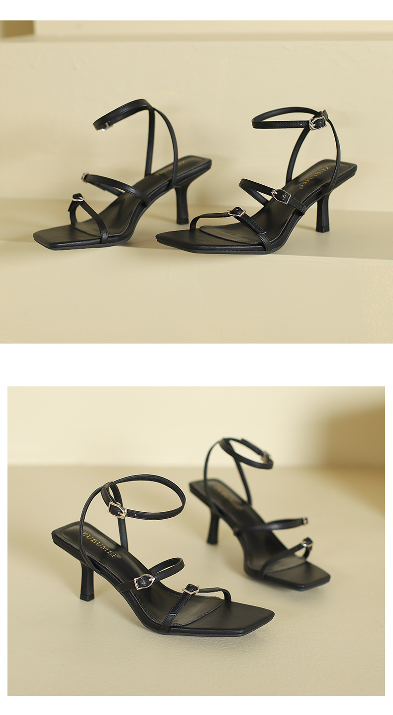 Giày sandal cao gót nữ mũi vuông hở mũi kiểu dáng gợi cảm — Màu đen chi tiết 10