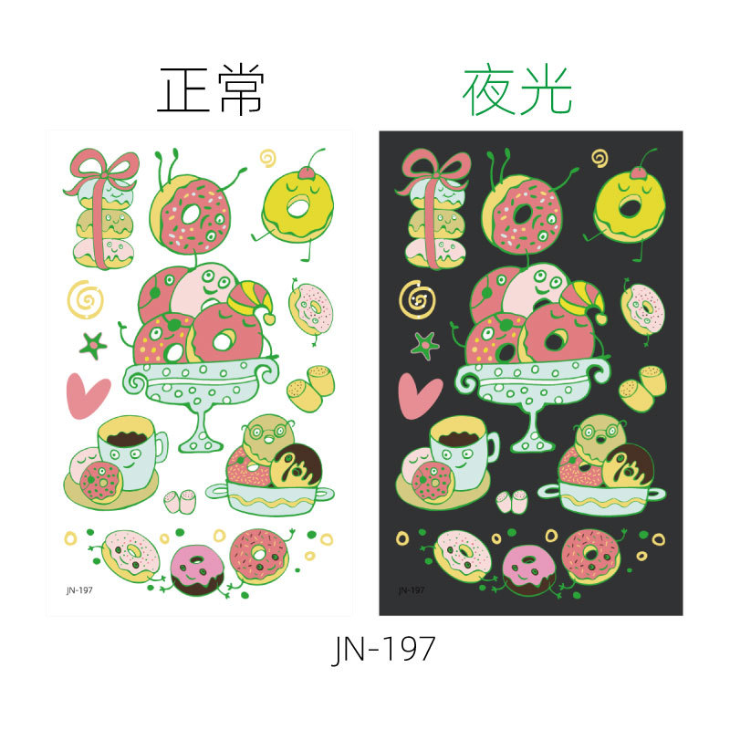Respetuoso del medio ambiente impermeable de larga duración luminoso lindo donut niños tatuaje pegatinas luminoso postre fantasía tatuaje pegatinas