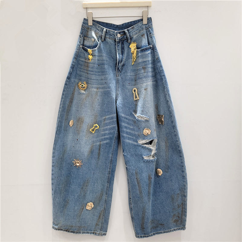 American Retro Metal Ripped Curved Hem Jeans for Women 2026 Spring Banana Pants Loose Casual Wide-Leg Straight Long Pants