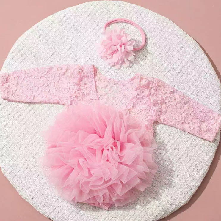 Accesorios de ropa de recién nacidos transfronterizos para bebés femeninos, galas de malla de esponja, encaje triangular, chaqueta con flores de dos piezas