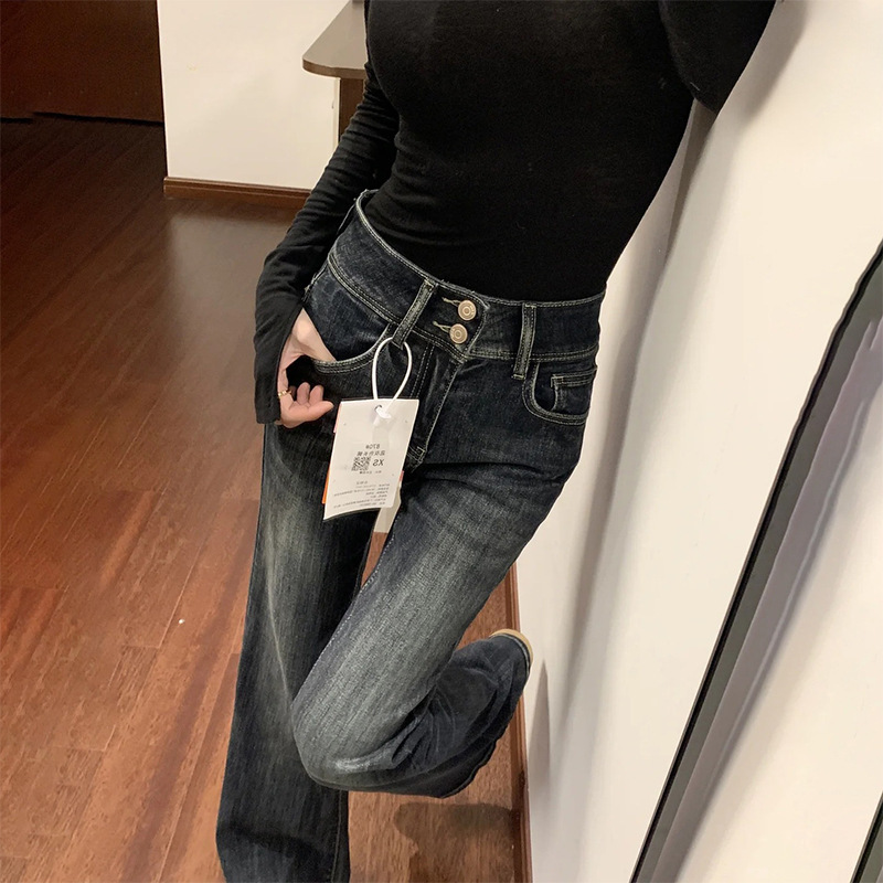 American retro double-button micro-flare jeans for women, 2026 spring-summer new high-waisted stretch slimming bootcut pants
