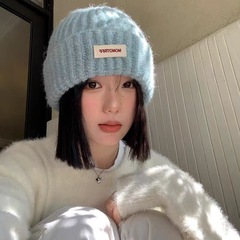 女性用ウール帽子、ブルー、秋と冬、大きな頭囲、多用途の学生カップル帽子、顔が小さく見える、暖かく耳を保護するつば付き帽子