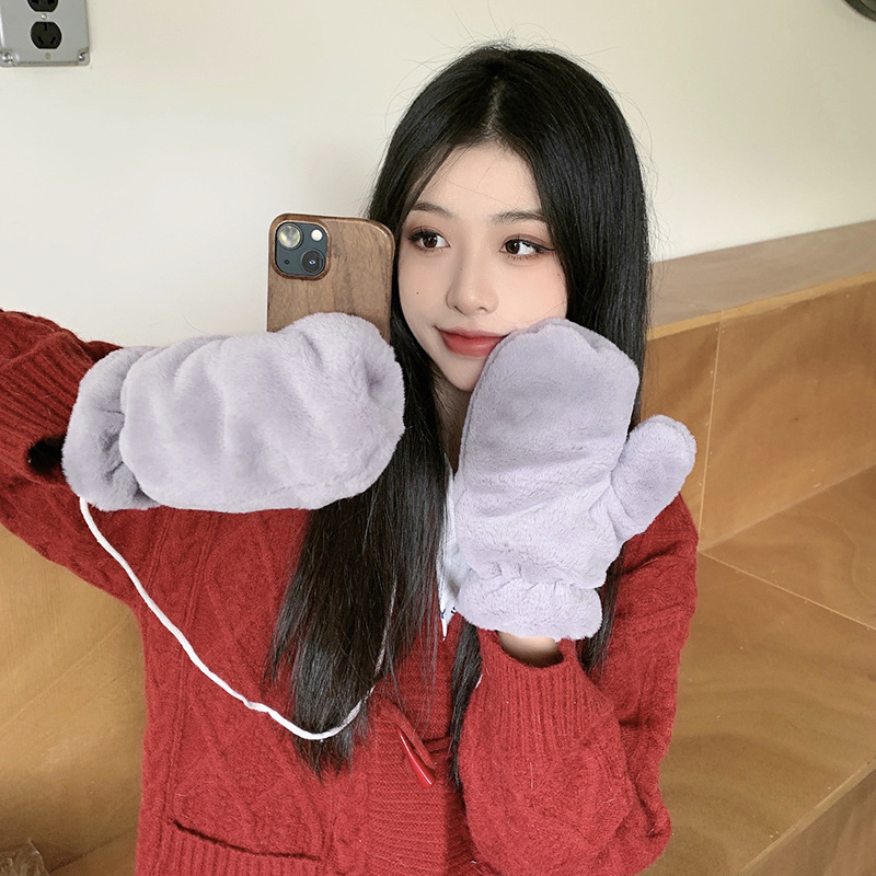 Guantes de felpa de dibujos animados de color sólido estilo INS para mujer, guantes gruesos de invierno para ciclismo para estudiantes, forrados con forro polar, cálidos y resistentes al frío, guantes de dedos completos, estilo INS.