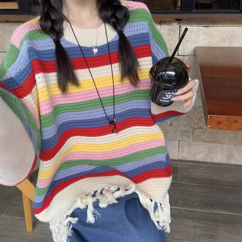 秋季新款彩虹条纹镂空毛衣女时尚宽松多巴胺撞色设计感流苏针织衫|undefined